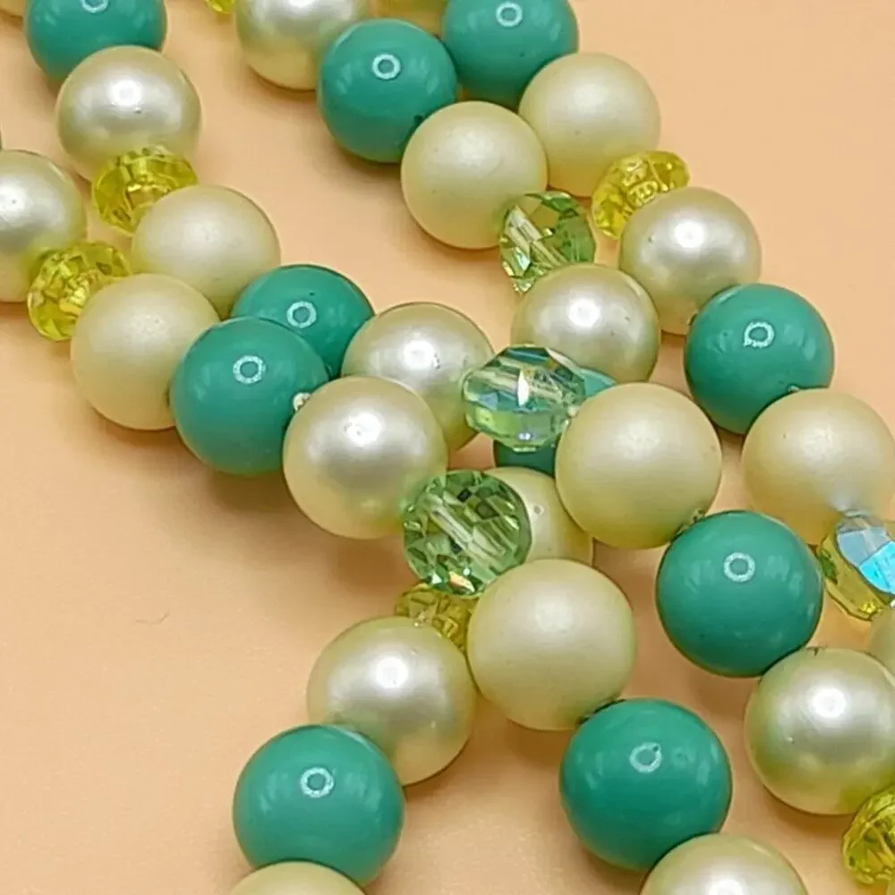 Vintage Green White Bead Necklace, Four Strands, AB Crystal Aspirin Beads, 16 In